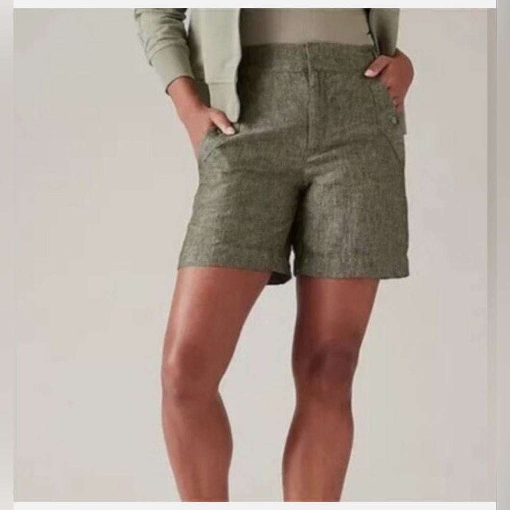 Athleta Voyager 100% Linen Shorts in Aspen Olive, Size 8